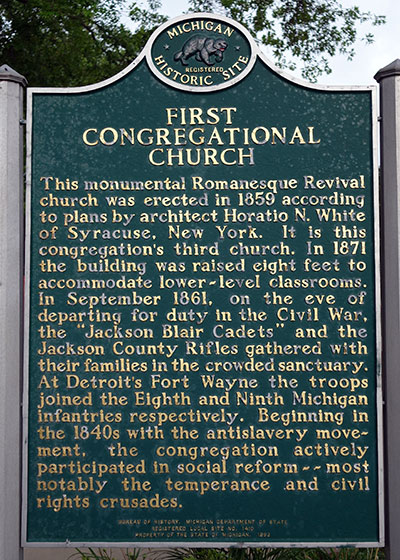 Michigan Historical Marker dedicated to the First Congregrational Church in Jackson and it's role in the Civil War. Photo ©2014 Look Around You Ventures LLC.